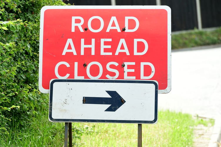 General view of a road ahead closed sign, London.