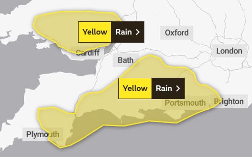 The area covered by the Yellow Warning issued today, Monday, by the Met Office.