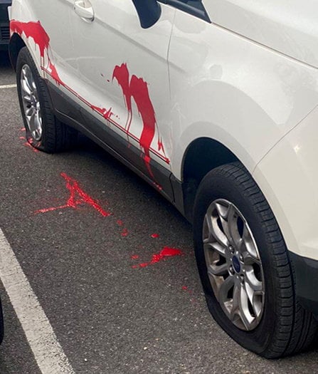 The red paint poured on the vehicle and slashed tyres. See SWNS story SWMRstalk. A stalker who drove from Devon to Sussex to slash a womans car tyres has been sentenced. Reece Chipperfield also poured red paint over the vehicle and left a threatening note on the windscreen during the 460-mile round trip. He had a professional working relationship with a former colleague at a hotel near Crawley between December 2021 and March 2022, however he quickly developed an infatuation with her.This included sending her an unwanted bracelet, contacting her work colleagues about her shift patterns without her permission and sending unwanted text messages.