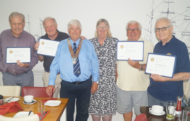 Hilary Bastone pictured (centre) with this year’s incoming Rotary president Mary Burden and award winners (from left) Martin Nutt, Martin Judd, Geoff Hicks and Peter Shaw.  Bill Parker was not present.