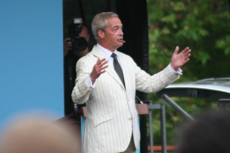 Nigel Farage speaking at Trago Mills, Newton Abbot, ahead of the July 4 general election