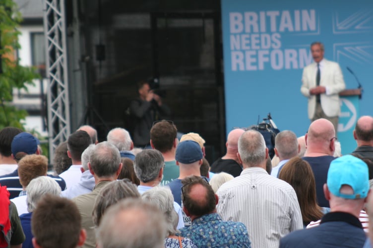 Nigel Farage speaking at Trago Mills, Newton Abbot, ahead of the July 4 general election