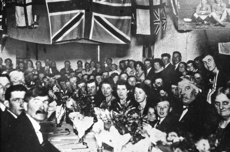 Image from the Hubert Snowdon slide collection of Thurlestone, Harvey Cup winning football team, Thurlestone FC celebrating at a party in West Alvington.