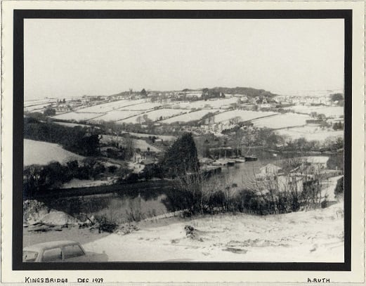 View of Kingsbridge after snowfall 12.1979 from eastern side towards West Alvington over creek