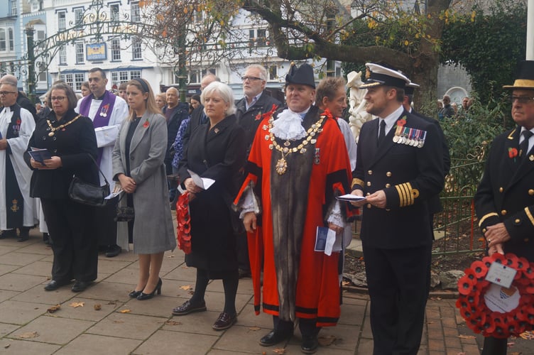 MP Caroline Voaden joins the Mayor of Dartmouth David Wells and the Commander of the BRNC Captain Andrew Bray at Sunday’s Remembrance Service