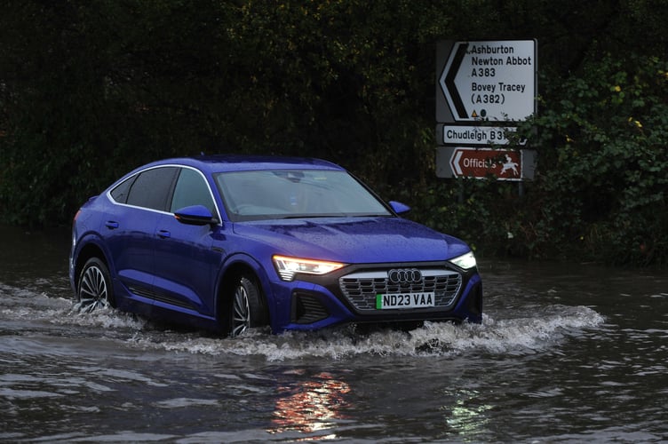 Storm Bert. With the wind came the raim. Flooding at the junction of Greenhill Way and Newton Road in Kingsteignton