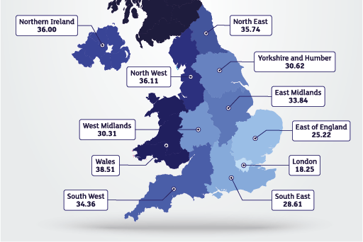 Accidental death rate heatmap of the UK, the figures show rate per 100,000 inhabitants. Picture RoSPA