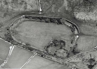 Blackdown Rings, Iron Age hill fort and encampment, aerial view after snowfall. 1990.