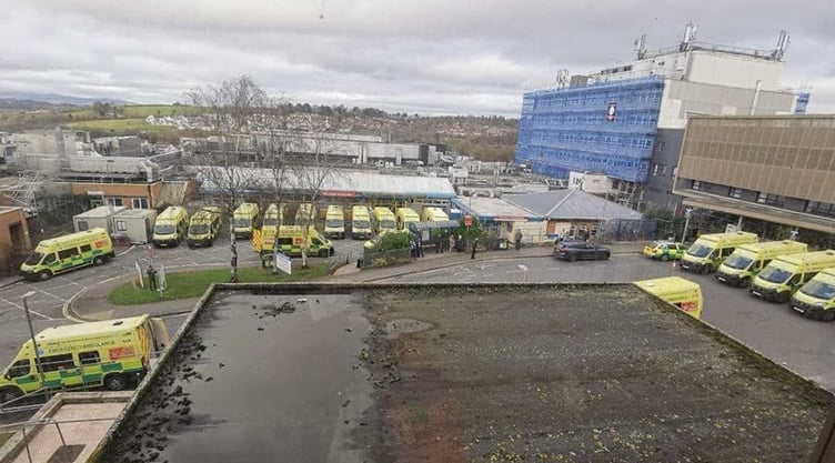 Ambulances waiting outside Torbay Hospital accident and emergency department today December 2024. Photo Spotted Torquay