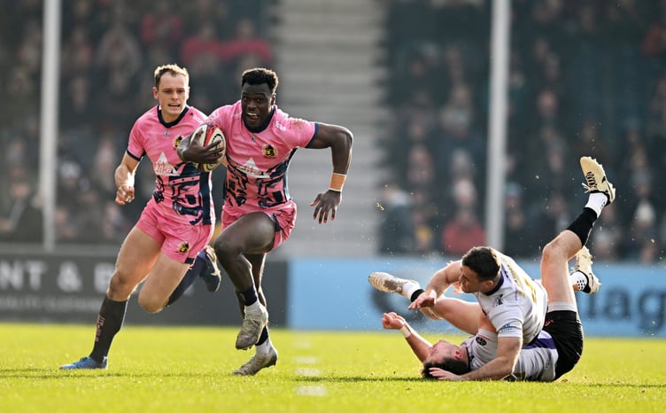 Paul Brown-Bampoe in action for the Exeter Chiefs during their Premiership Rugby Cup clash with the Cornish Pirates at Sandy Park