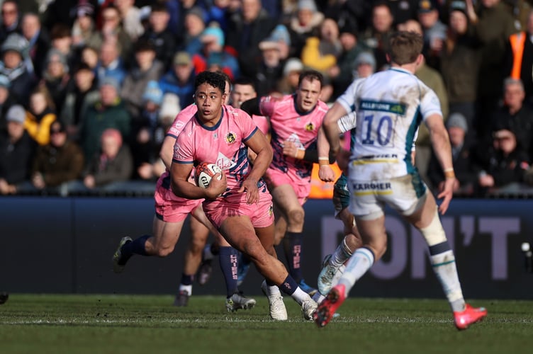 Exeter Chiefs No.8 Greg Fisilau in Premiership Rugby Cup action against Gloucester at Sandy Park