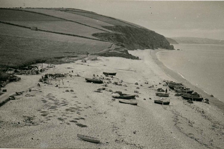 Boats pulled up on the beach at Hallsands 1933