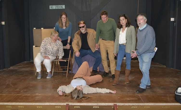 Extra drama as the cast of 'A Bunch of Amateurs' are shocked by the collapse of one of their number.
L-R: Sharon Hughes, Nat Cook, Tim McGill as Jefferson Steel, Guy Rapson, Kim Kidney and Alan Prince surround Imogen Blackwell on the floor.