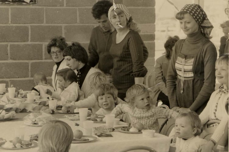 Queens Silver Jubilee Tea in Malborough Village Hall 1977 Left to right, Adults: Clare Horswill, Sarah Fascione, Steve Fascione, Yvonne Pike, Val Fisher, Julie Rushmere  Children: ? Horswill, Michelle Fascione, ?, Stephen Pike, Scott Fisher, Clare Rushmere