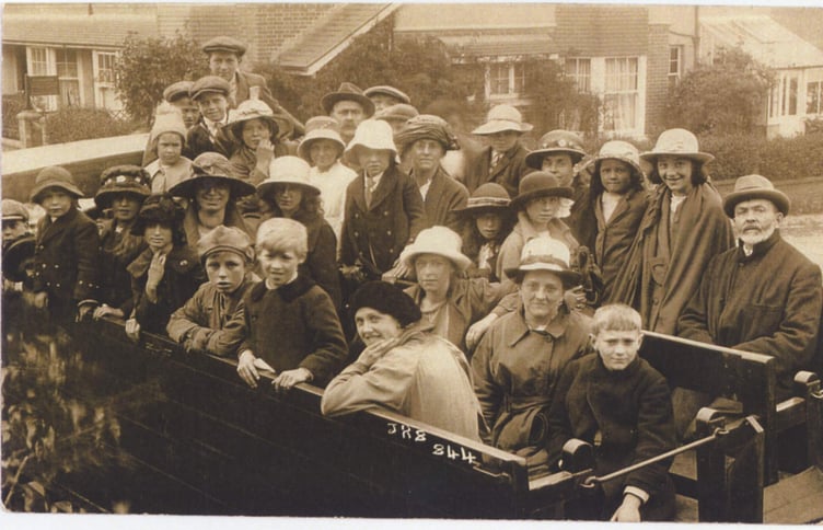 Aveton Gifford outing,  around 1925-vehicle is a lorry bus, run either by Noyces or Trants of Kingsbridge