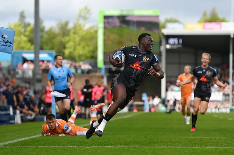 Exeter Chiefs winger Paul Brown-Bampoe crosses for his side's opening try in the weekend clash with Sale Sharks