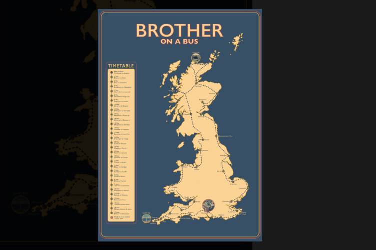 The map of Brother John's UK travels by bus.