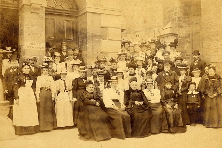Crowd gathered outside the Town Hall, Fore Street, Kingsbridge
