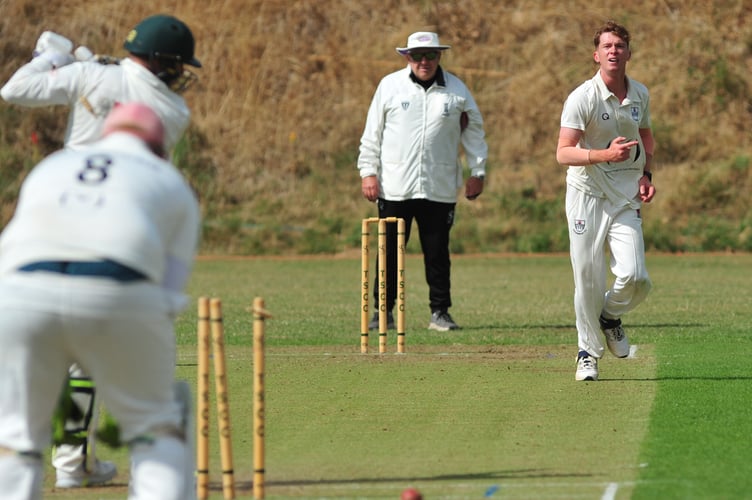 Devon Cricket League C Division West.  Teignmouth & Shaldon1st XI versus Kingsbridge 1st XI. Kingsbridge bowler Conner Rothwell takes the wicket of Ross Abraham
