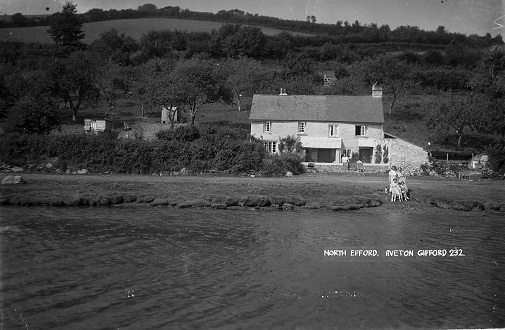 North Efford Aveton Gifford, small group of people at waters edge