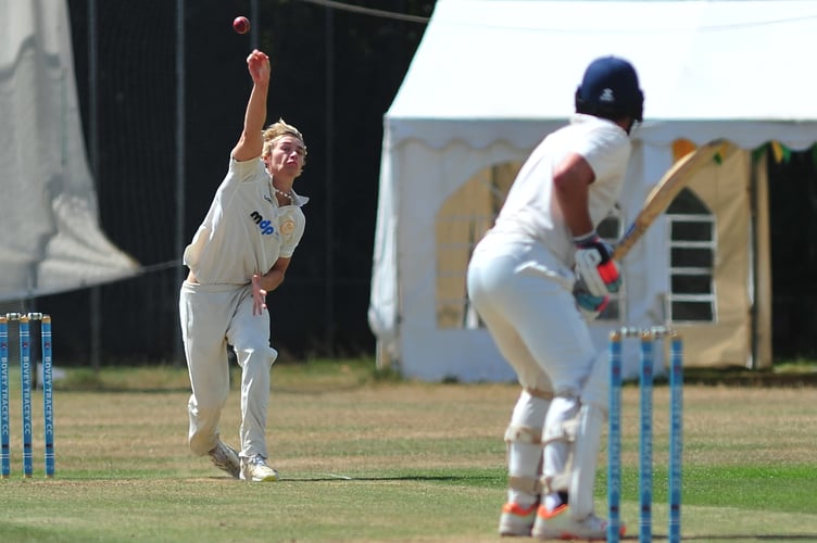Devon Cricket League B Division. Bovey Tracey 2nd XI versus Stoke Gabriel. Stoke's Liam Mair hurls down a delivery.

Bovey won the toss elected to bat making 220/9 after 45 overs. Stoke to the crease after tea but were all out for 93 after 31.1 overs
