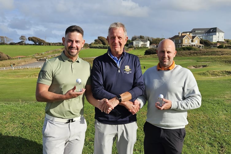 Club captain John Rogers (centre) with the pair that won the Canada cup from Staddon golf club  ; Alex Cole and Zack Rosen won with 73 points 