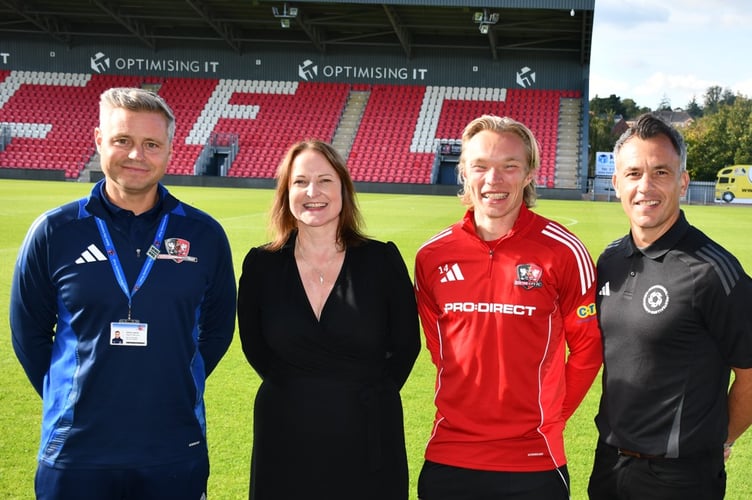 L to R, is Danny Harris, Head of Services for Exeter City Community Trust, Police and Crime Commissioner Alison Hernadez, Exeter City Football Club player Ilmari Niskanen, and Scott Walker, Community Liaison Executive South for the Professional Footballers’ Association. Picture: OPCC