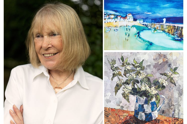 Annabelle Gregory and two pieces of her artwork.