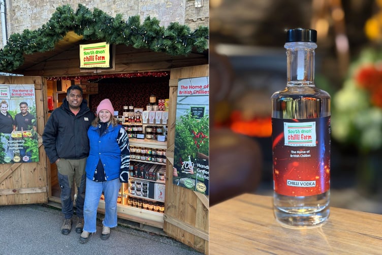 South Devon Chilli Farm ready for Christmas 2025. Amrit and Jenny at Exeter Christmas Market and their newly launched Scorpion Chilli Vodka.