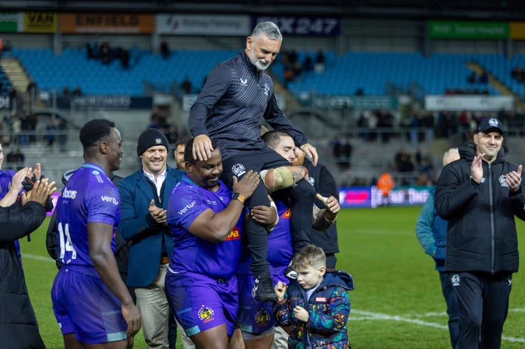 Ricky Pellow is carried from the field at Sandy Park following his final game as a coach with the Exeter Chiefs