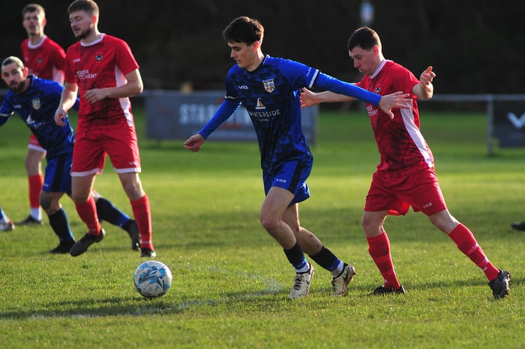 South Devon Football League Premier Division. Match action from Kingsteignton Athletic versus Totnes & Dartington SC. A 2-1 home win for The Rams