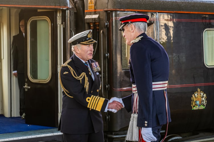 The Royal Train paid a visit to Devon and stabled in the early hours on the South Devon Railway along the River. 67005 and 67006 worked the Royal Train throughout. His Majesty The King travelled from Windsor to Totnes to visit The Royal Naval College in Dartmouth. His Majesty The King alights from the Royal Train at Totnes Station