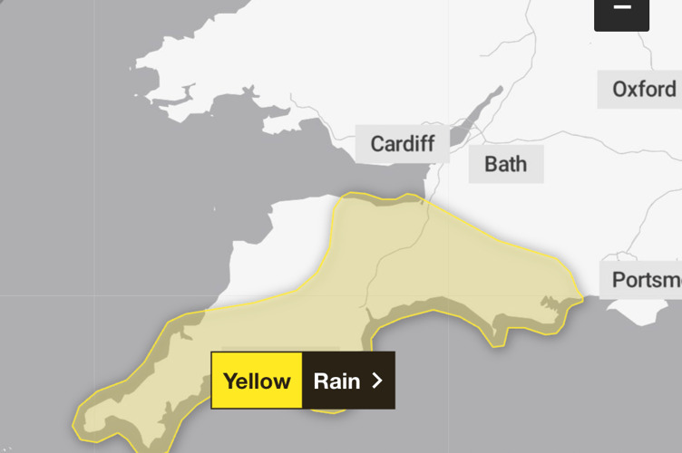 Another soggy week is forecast for Devon starting off with a Met Office yellow weather warning issued for rain from 12noon today to midnight tonight. Image by Met Office.