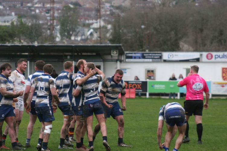 Kingsbridge RFC players celebrate their win at Newton Abbot