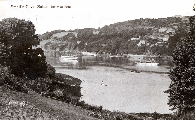 Smalls Cove looking across to Salcombe side. Steamer and sailing ship in harbour