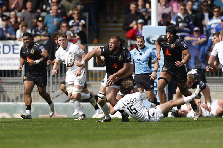 Exeter Chiefs prop Josh Iosefa-Scott offloads during his side's Gallagher Premiership clash with Bath (Picture: Exeter Chiefs)