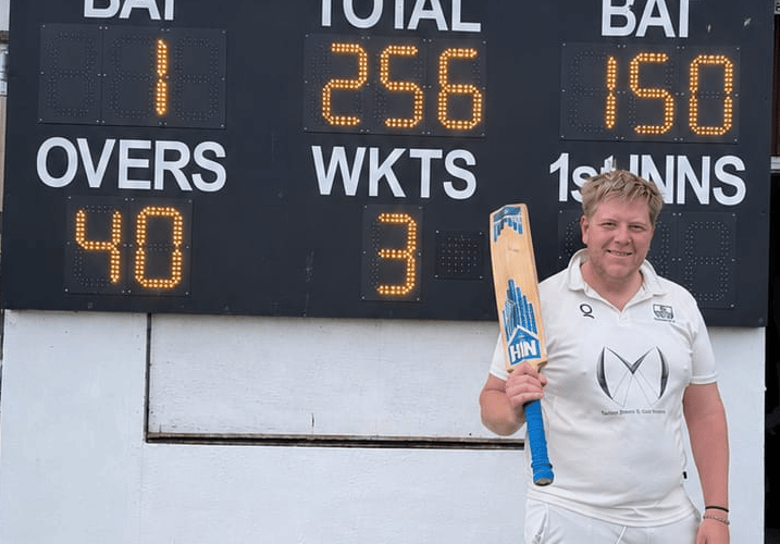 Aaron Chandler after his maiden century for Kingsbridge 2s