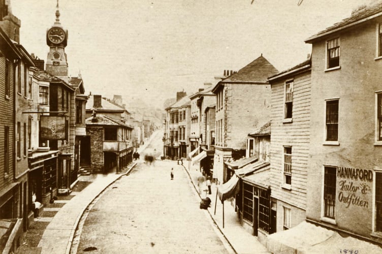 Fore Street, Kingsbridge - View to north. Wall hung street lamps not yet installed around 1880