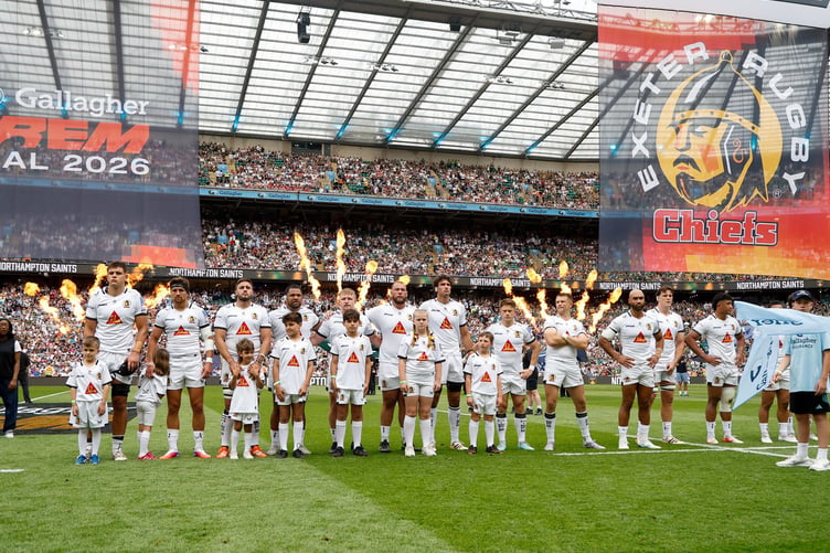 Exeter Chiefs skipper Dafydd Jenkins (far left) alongside his team-mates ahead of the kick-off at Twickenham (Picture: Exeter Chiefs)