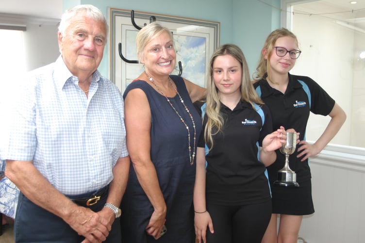 L to R: Dartmouth Rotary President Peter Goldstraw, Dartmouth Academy Assistant Principal Nicola Perrott, Isabella Cristea and Zuzia Sharkey