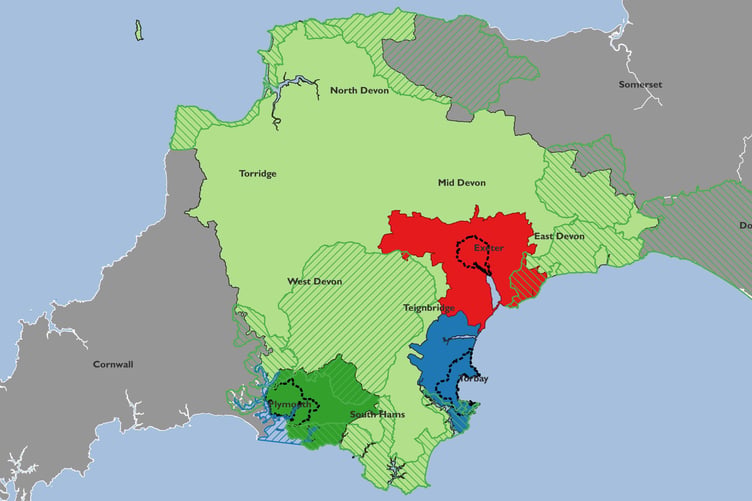 The proposed boundaries of Devon's four new unitary councils that are set to replace its existing 11 councils