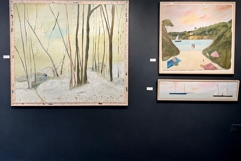 Collection of Holly Ravazi painting: West Alvington Woods (Left), East Portlemouth, Secret Beach (Top Right) and Sailing Panoramic (Bottom Right)