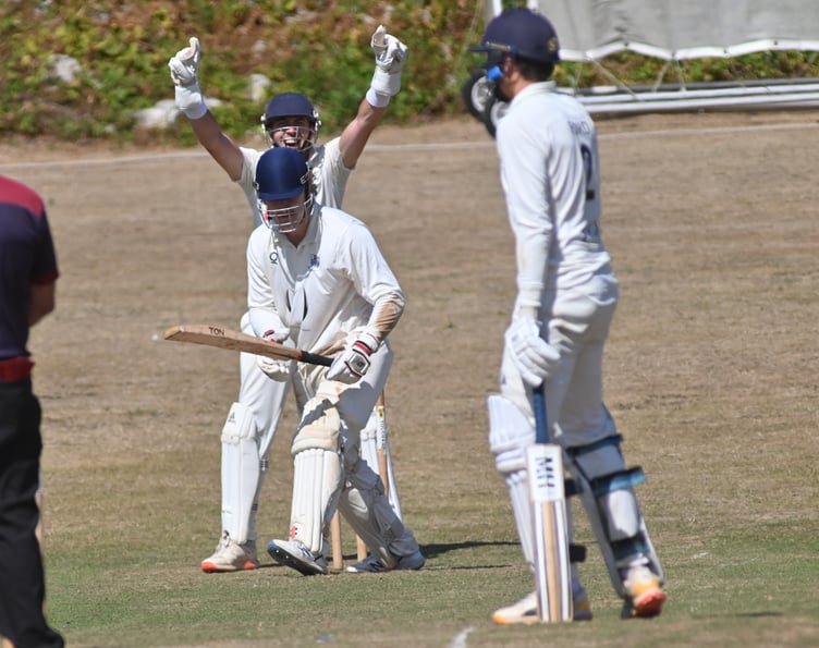 Devon Cricket League C Division West. Ipplepen versus Kingsbridge. Penn's 'keeper Jono Colgate appeals but Kingsbridge batsman Charles Smyth is still safe