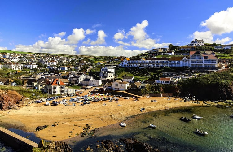 The Cottage Hotel on the right, overlooking Hope Cove near Salcombe