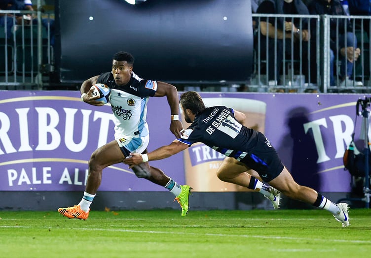 Exeter Chiefs winger Immanuel Feyi-Waboso in PREM Rugby action against Bath