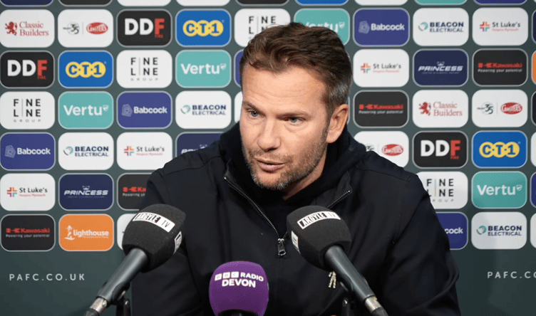 Argyle boss Tom Cleverley speaks to the media following his side's last-gasp win over AFC Wimbledon