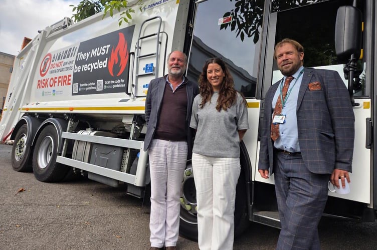 Cllr Julian Brazil, Executive Lead Member for Waste, Cllr Nadine Dommett, Executive Lead for Decarbonisation of Council Operations, and Cllr Dan Thomas, Leader of South Hams District Council, with one of the new vehicles.