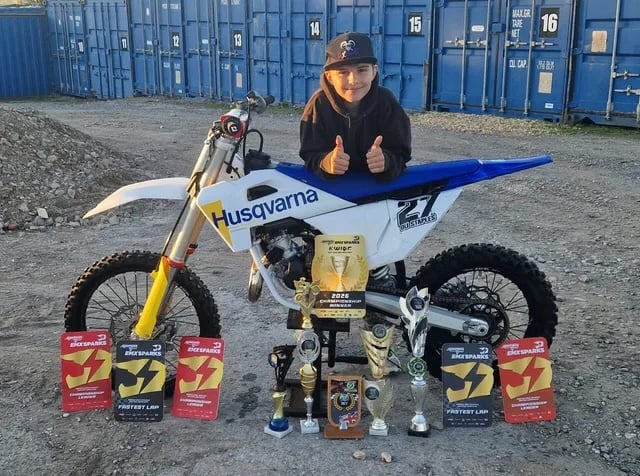 Ten year old, Oli Staples, is the winner for his class in the Amped Bikes EMX Sparks British Championships.